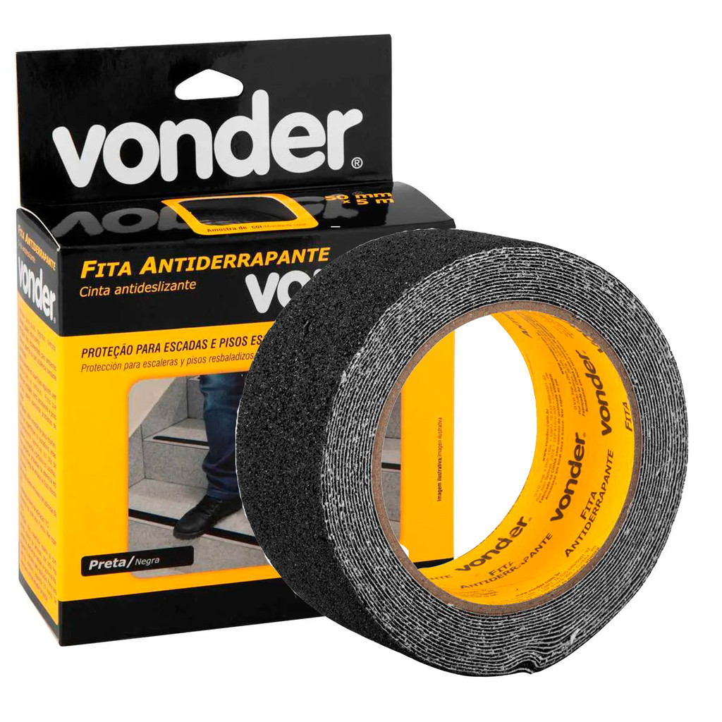 Fita Antiderrapante 5m x 50mm Preta Area Interna Rampa Degrau Piso Escada Vonder