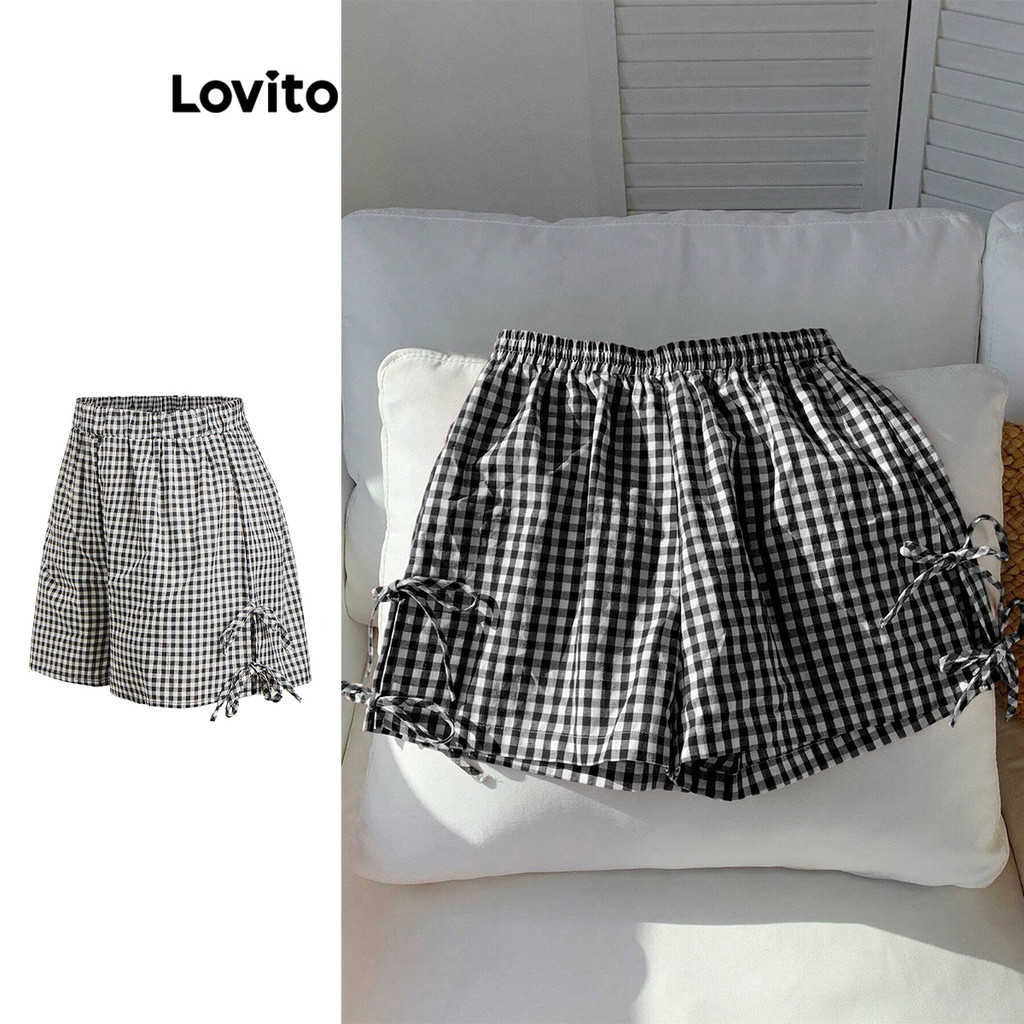 Lovito Shorts Casuais Xadrez Arco Shorts De Verão Para Mulheres L108ED600 - Women Clothes