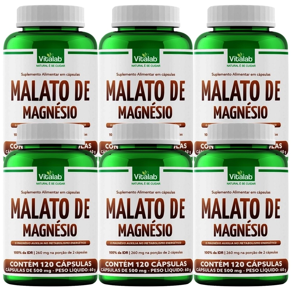 Kit 6 Malato de Magnésio Vitalab 500mg 120 Cápsulas