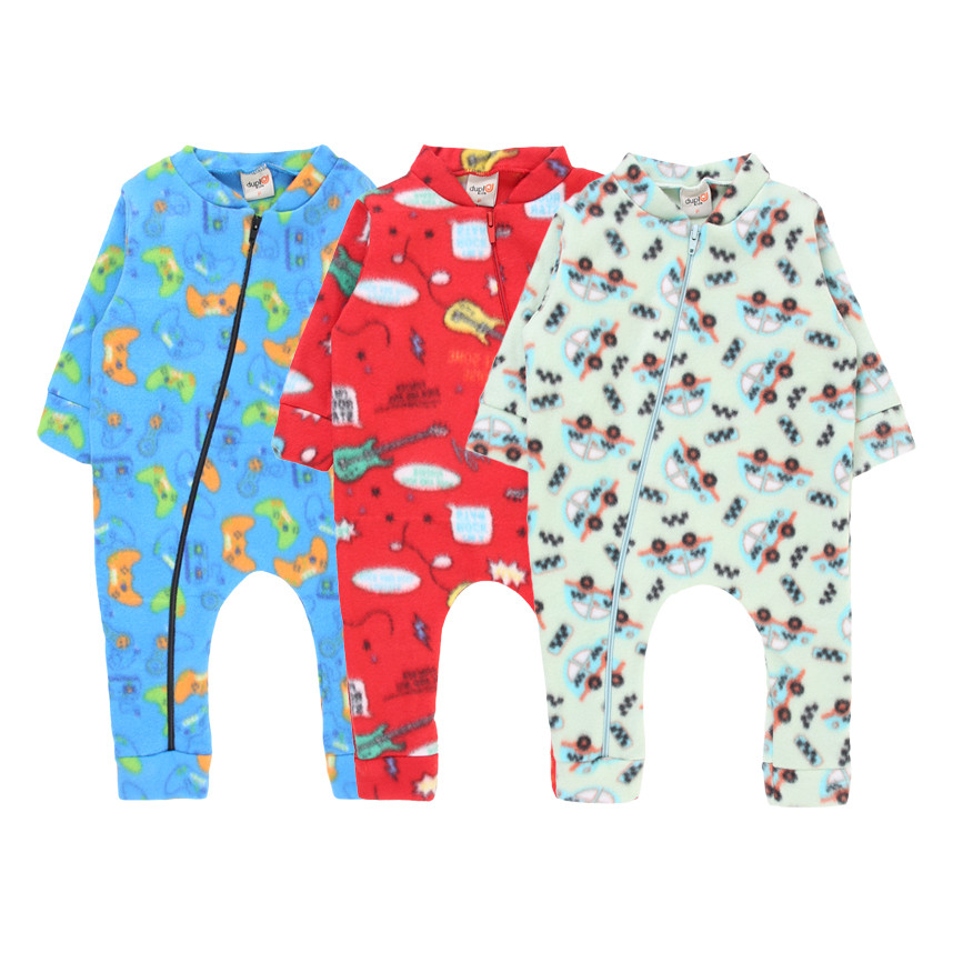 Kit Macacão Bebê em Plush Estampado Com Zíper 03 Peças em Oferta na Shopee