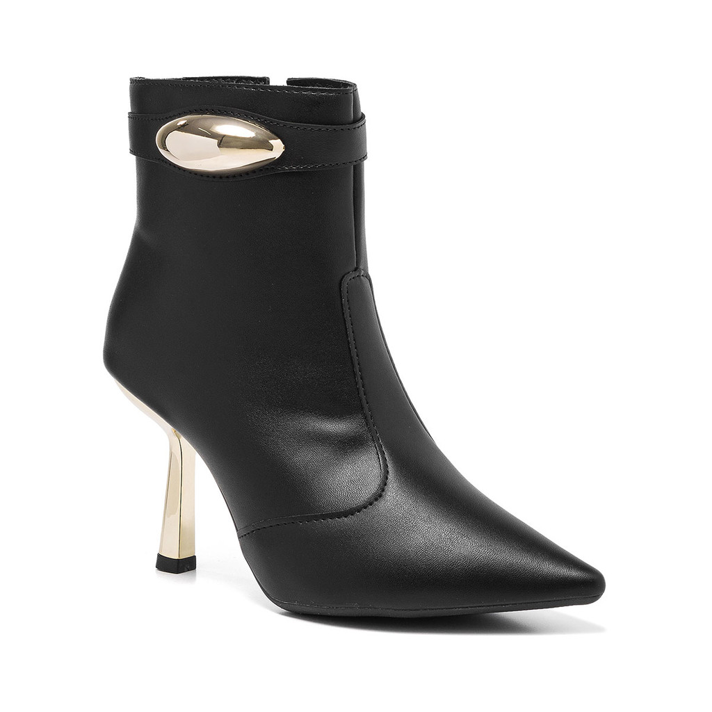 Detalhes do Bota Feminina Cano Curto Stessy Shoes Bico Fino Efeito Lesma Salto Metalizado Chic  Confortável