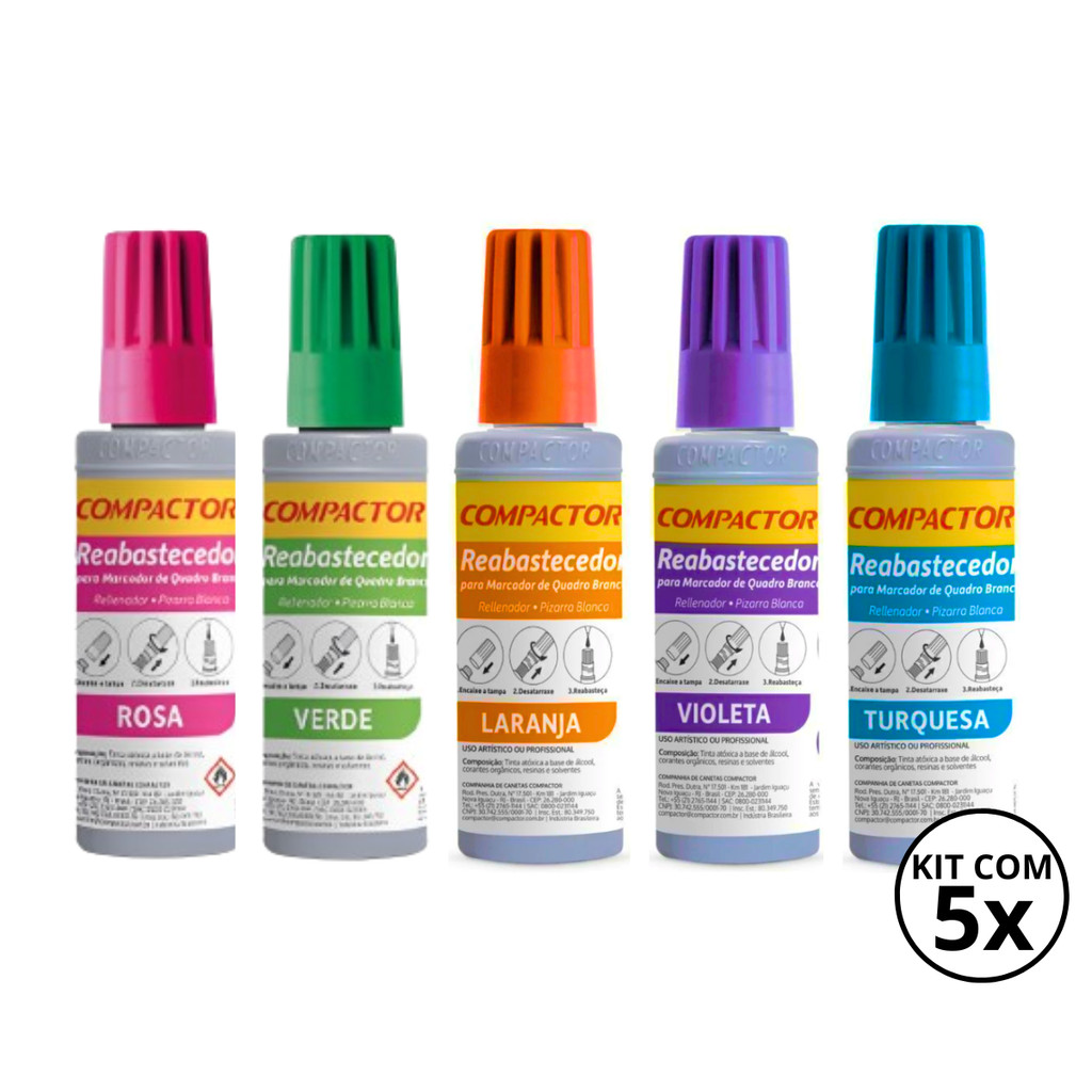 Kit 5 Reabastecedores  Refil Para Quadro Branco Compactor  30ml COR:KIT4 em Oferta na Shopee