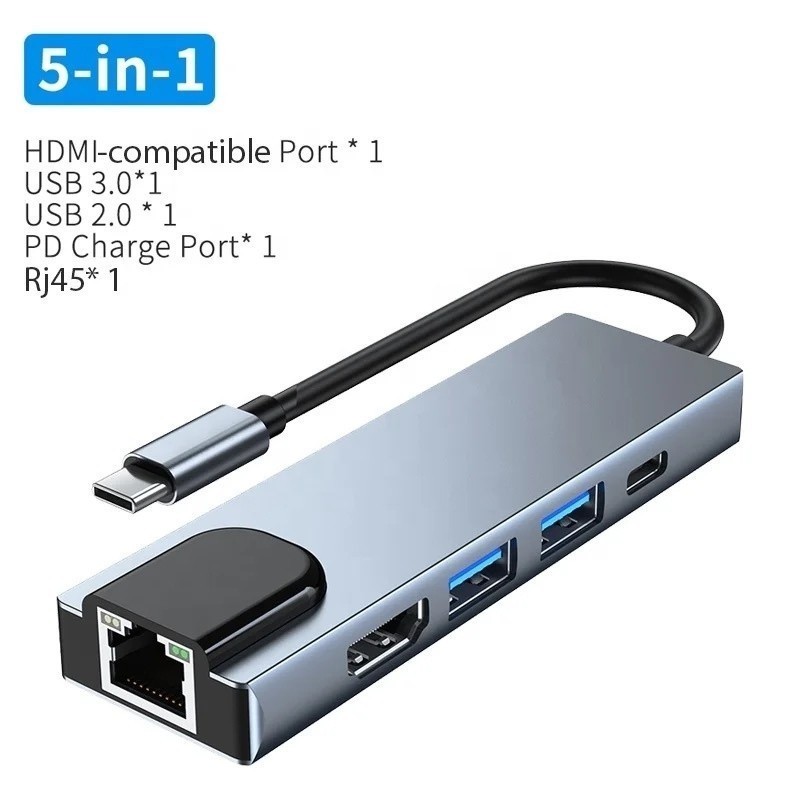 Adaptador Hub Tipo-c 5 In 1 Hdmi, 2x Usb, Lan E Type-c em Oferta na Shopee