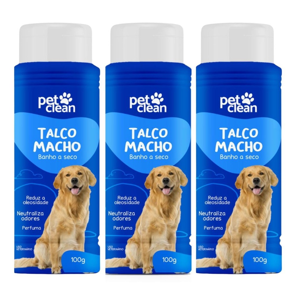 Kit 3 Talco para Cães Macho Pet Clean 100g, Reduz Oleosidade e Neutraliza Odores