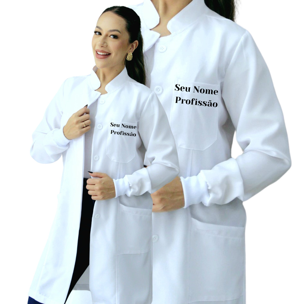 Jaleco Feminino Oxford Branco Botão Embutido Gola Padre Personalizado + BORDADO SEU NOME E PROFISSÃO