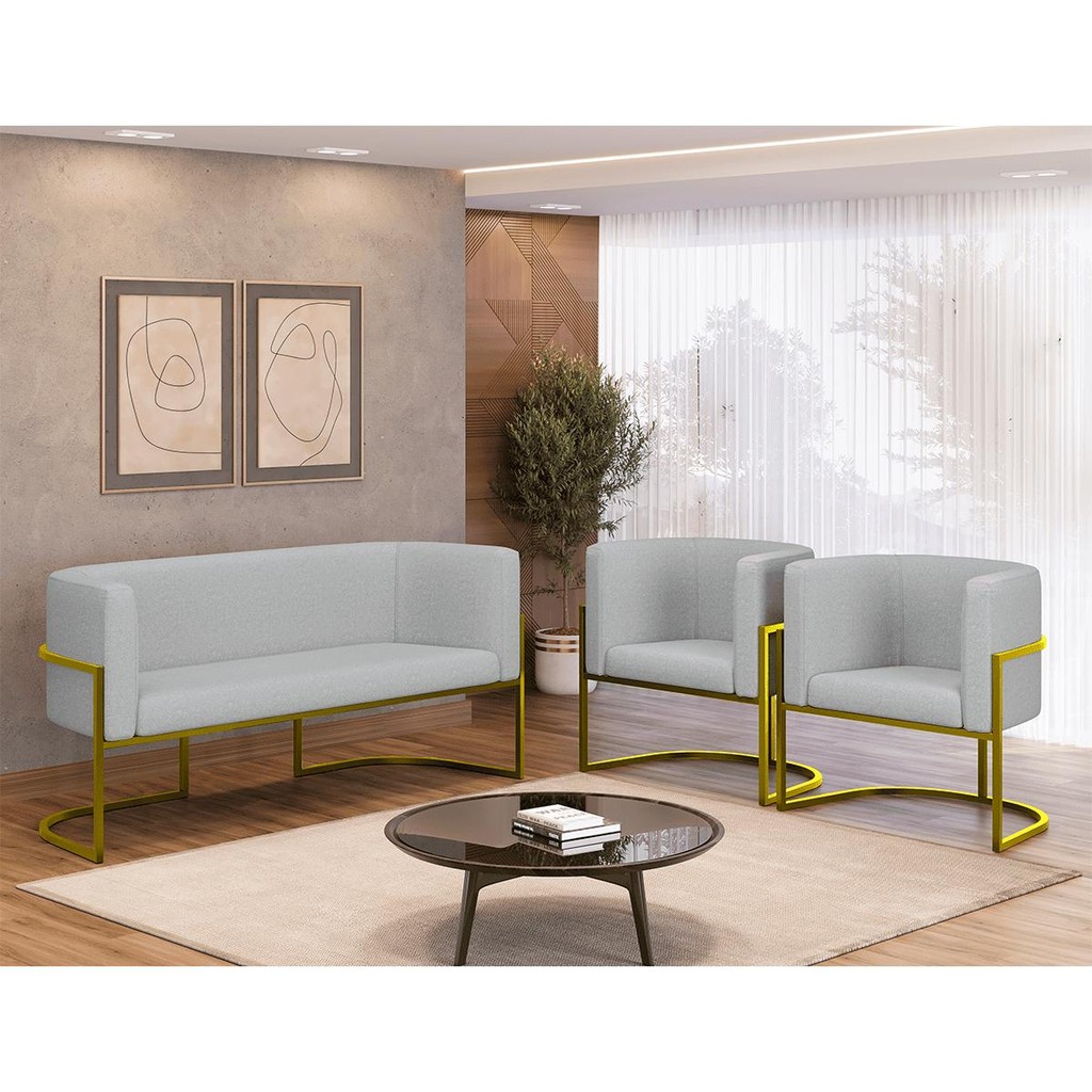Kit Sofá 2 Lugares + 2 Poltronas Bouclê para Recepção Gold em Oferta na Shopee