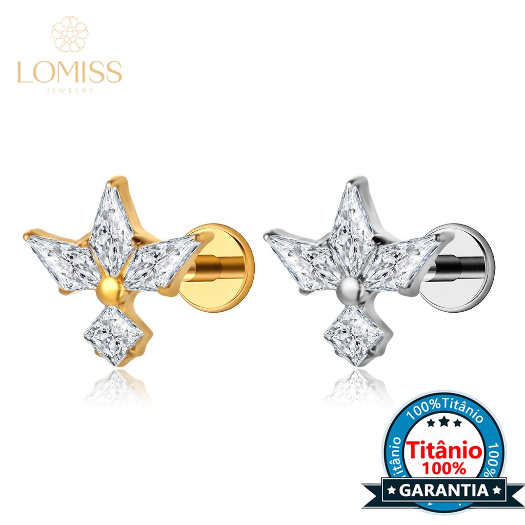 Piercing Labret Helix Titânio 4 Pedras Zircônia Cravejada Tragus Conch Orelha Nariz em Oferta na Shopee