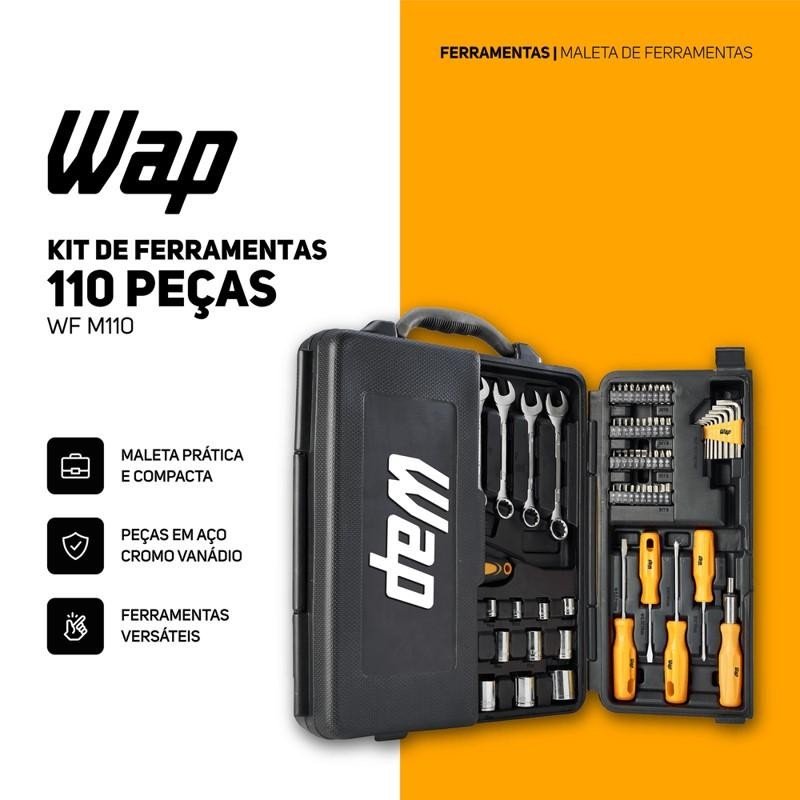 Kit De Ferramentas WAP 110 Peças WF M110 Em Aço Cromo Vanádio Com Maleta Resistente Para Manutenção