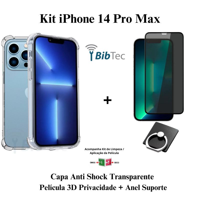 Kit Capinha Transparente + Película 3D Privacidade de Vidro + Suporte de Anel para Iphone 14 Pro Max