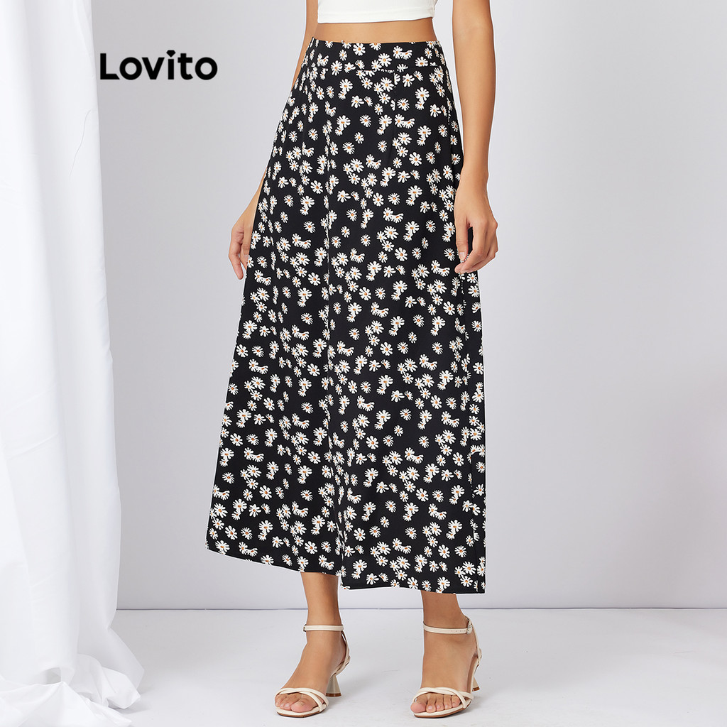 Lovito Saias Casuais Ditsy Floral Saias Longas Largas Para Mulheres L21AS123 (Preto) - Women Clothes