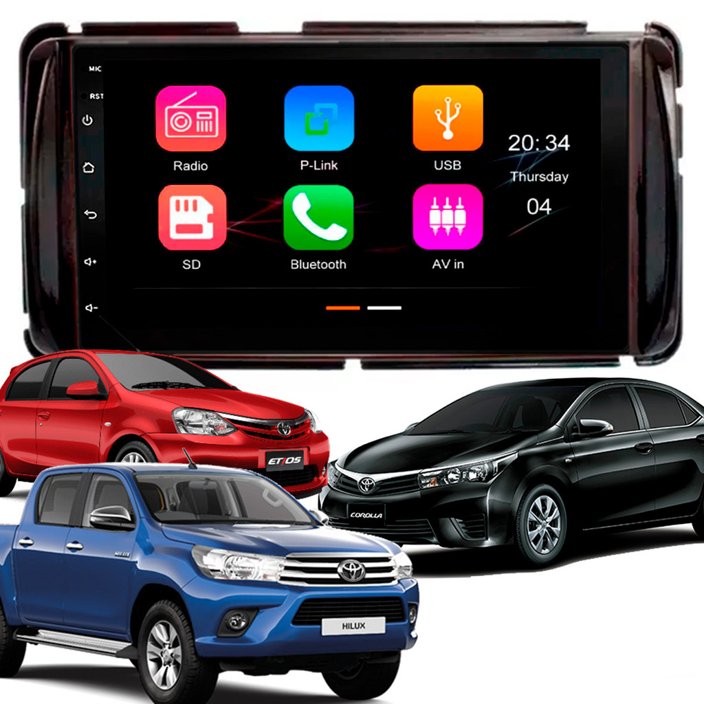 Central Multimídia 7" MP5/BT CarPlay Android + Moldura Black Piano Hilux Etios Corolla GLI AP971