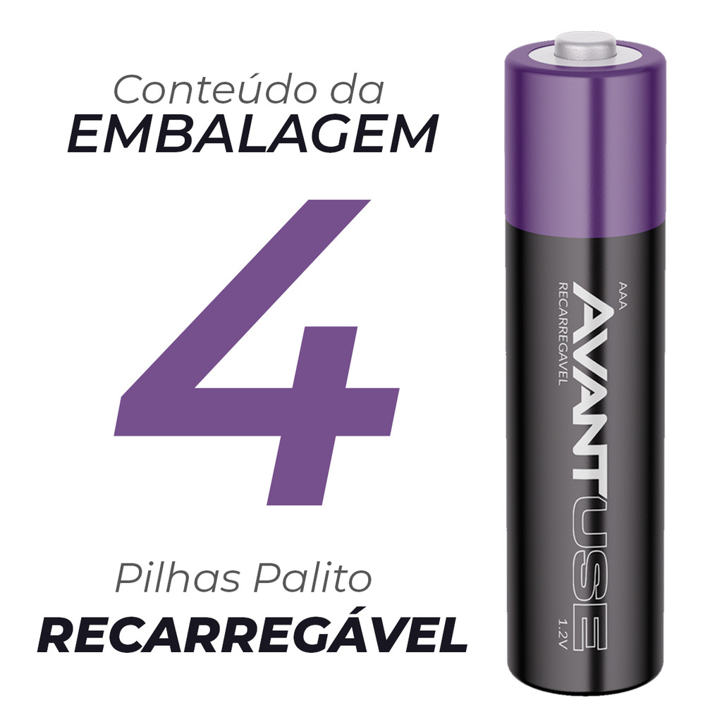 Detalhes do Kit 4 Pilhas Recarregável AAA Palito 1000MAH 1.2V Avant Use