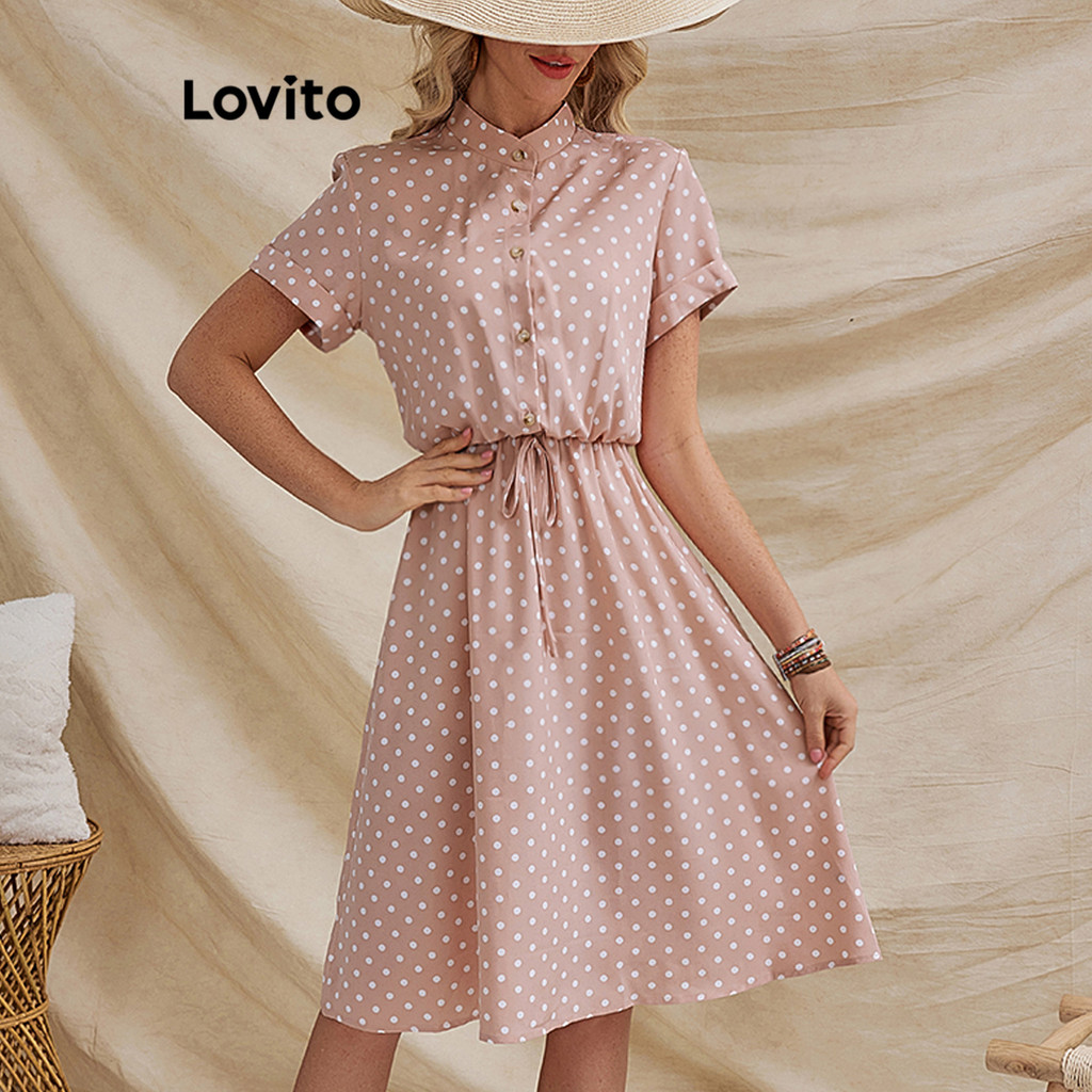 Lovito Vestido Casual De Bolinhas Com Botão Para Mulheres LBL18796 - Women Clothes