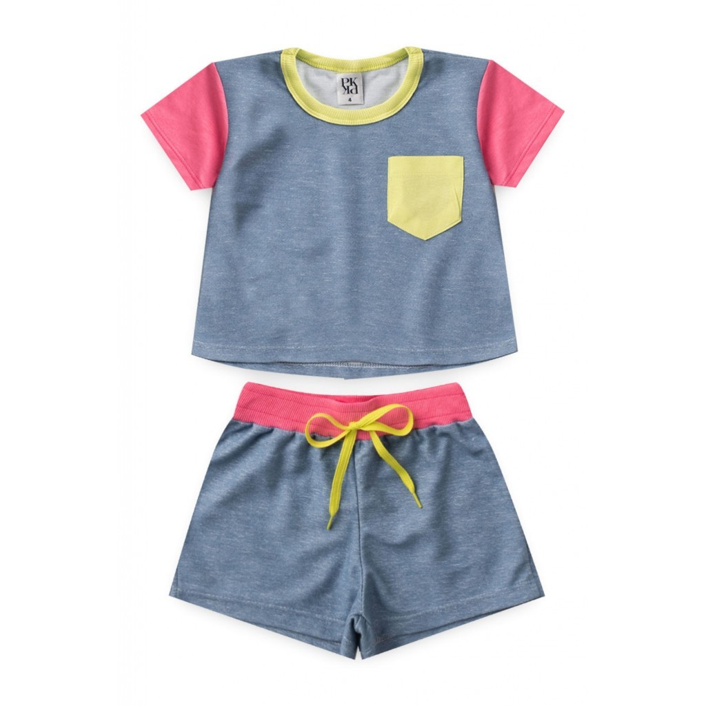Conjunto Feminino Infantil Verão Jeans Rosa e Verde em Oferta na Shopee