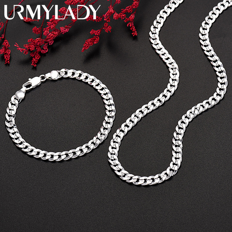 925 Prata Esterlina Charme 7MM Corrente Pulseiras Neckalces Conjunto De Jóias Para Homem Mulher Moda Casamento