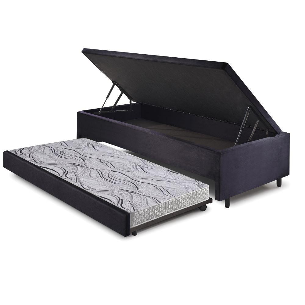 Bicama Baú Solteiro 88x188 Suede Preto com Colchão Auxiliar