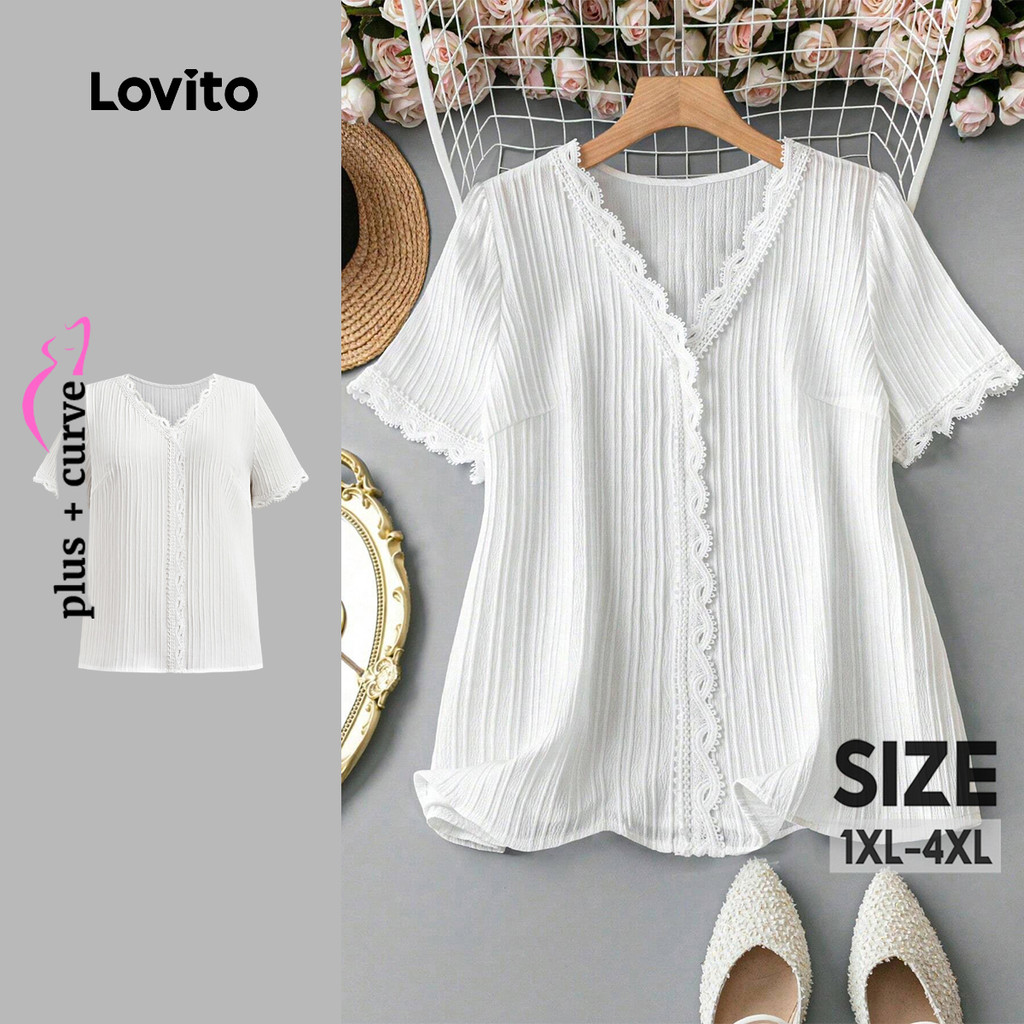 Lovito Blusa Plus Size Curve Elegante Blusa Lisa Com Trança Para Verão/primavera Para Mulheres LBL22639 em Oferta na Shopee