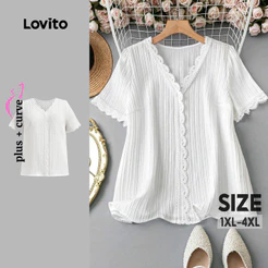 Lovito Casual Blusa Plus Size Curve Blusa Lisa Com Trança Para Primavera/verão Rendado Para Mulheres LBL22639