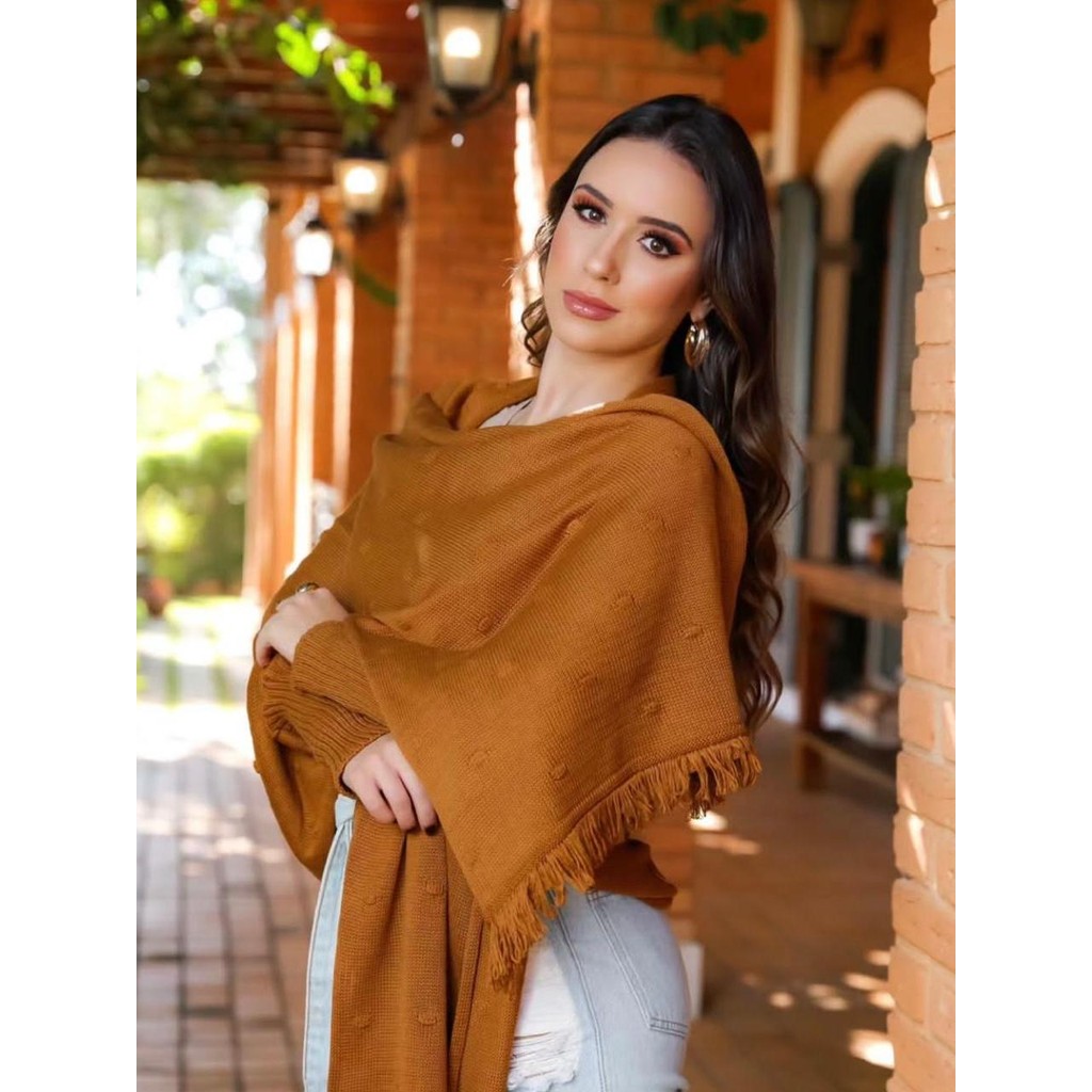 Capa Poncho Tricot Feminino Inverno Moda Tendência Elegante Xale com Franjas Boho Chic Plus Size