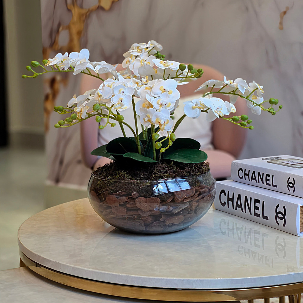 Arranjo Orquídeas 3D Grande 12 Hastes Flores Artificiais Vaso Decorativo Vidro