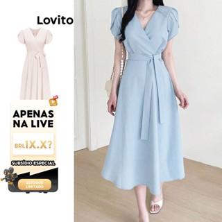 (LIVE STREAM SALE) Lovito Casual Liso Vestido Evasê Feminino com Cinto L65ED138 (Damasco/Azul) em Oferta na Shopee