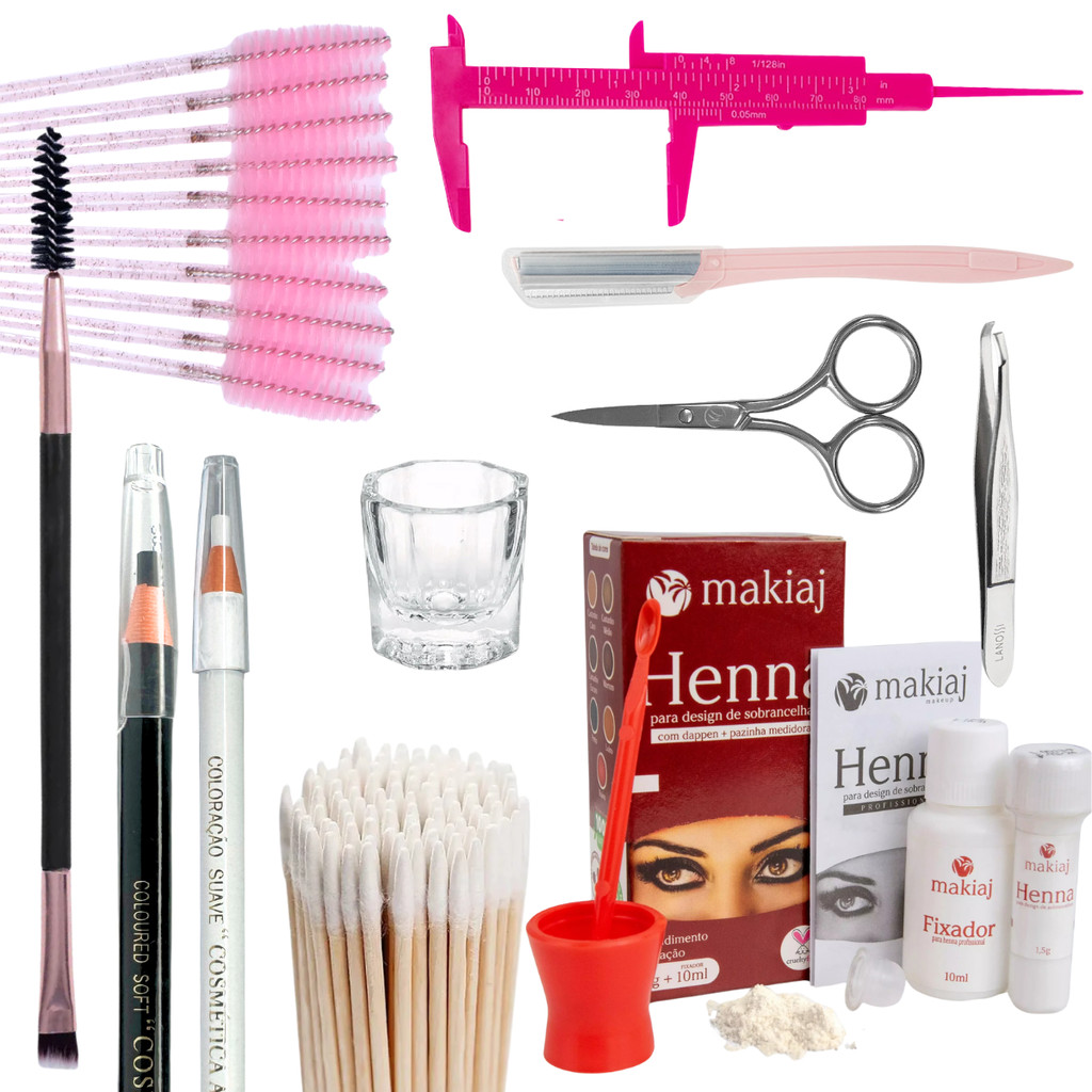 Kit Sobrancelha Henna Makiaj - Kit Paquimetro + Pincel + Dappen + Lápis + Escovinha + Palito Henna em Oferta na Shopee