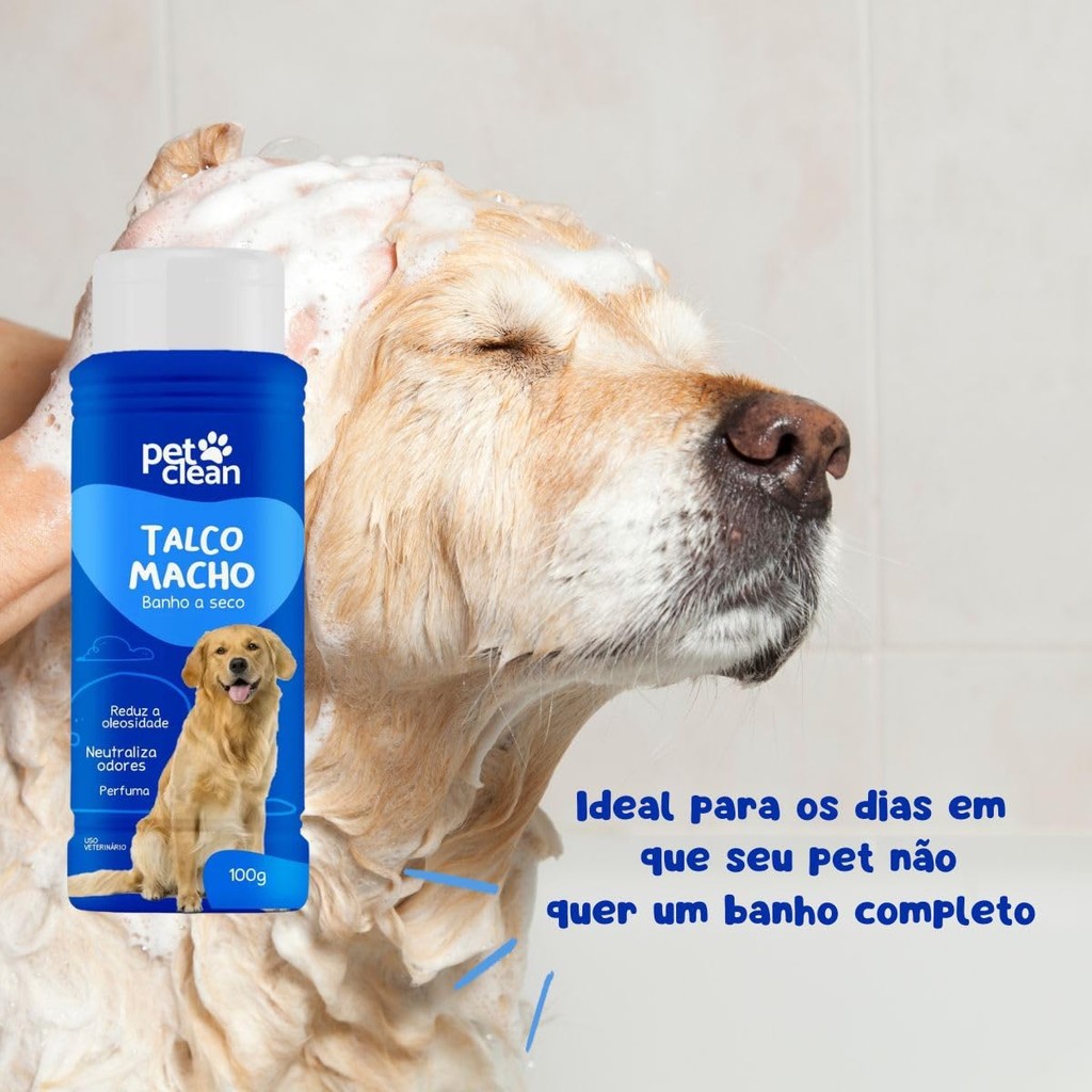 Kit 3 Talco para Cães Macho Pet Clean 100g, Reduz Oleosidade e Neutraliza Odores — imagem 2 de 2