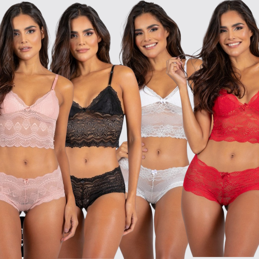 Kit 4 Conjunto Renda Espera Marido Sem Bojo Lingerie Feminino Sexy Short Doll Caleçon Cropped