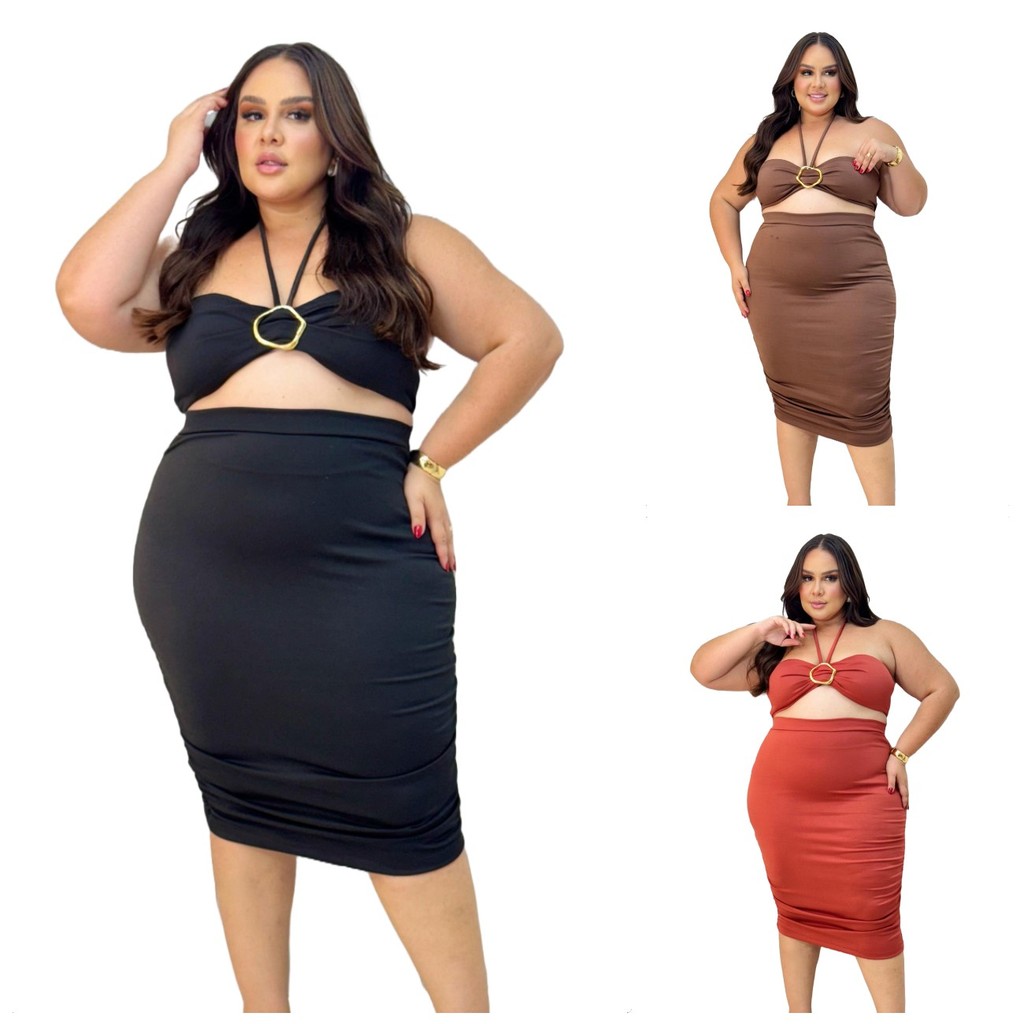 Conjunto Plus Size Feminino Saia Franzida e Cropped com Fivela Tamanhos 44 ao 50 Moda Elegante