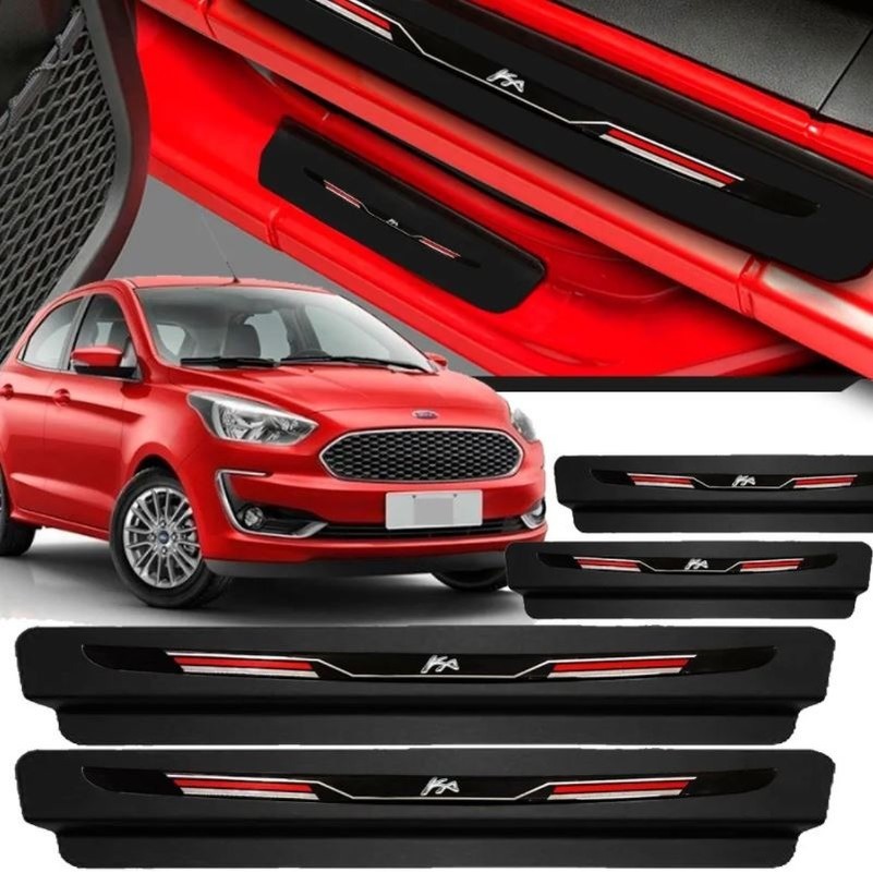 Jogo 8 Pecas Soleira Sport Resinada Protecao De Porta Ford Ka Hatch Ka+ Sedan 1997 Até 2021 Preta com Vermelho