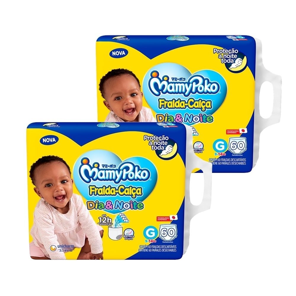 Fralda Descartável MamyPoko Calça Dia&Noite Tamanho G - 2 Pacote com 60 Fraldas - Total 120 Tiras