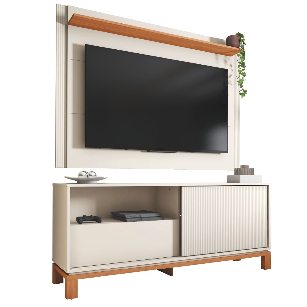 Rack Bancada Com Painel Para TV Até 55 Polegadas 1,50m Ripado impressão Emirates Madeirado/Off White - Home & Living