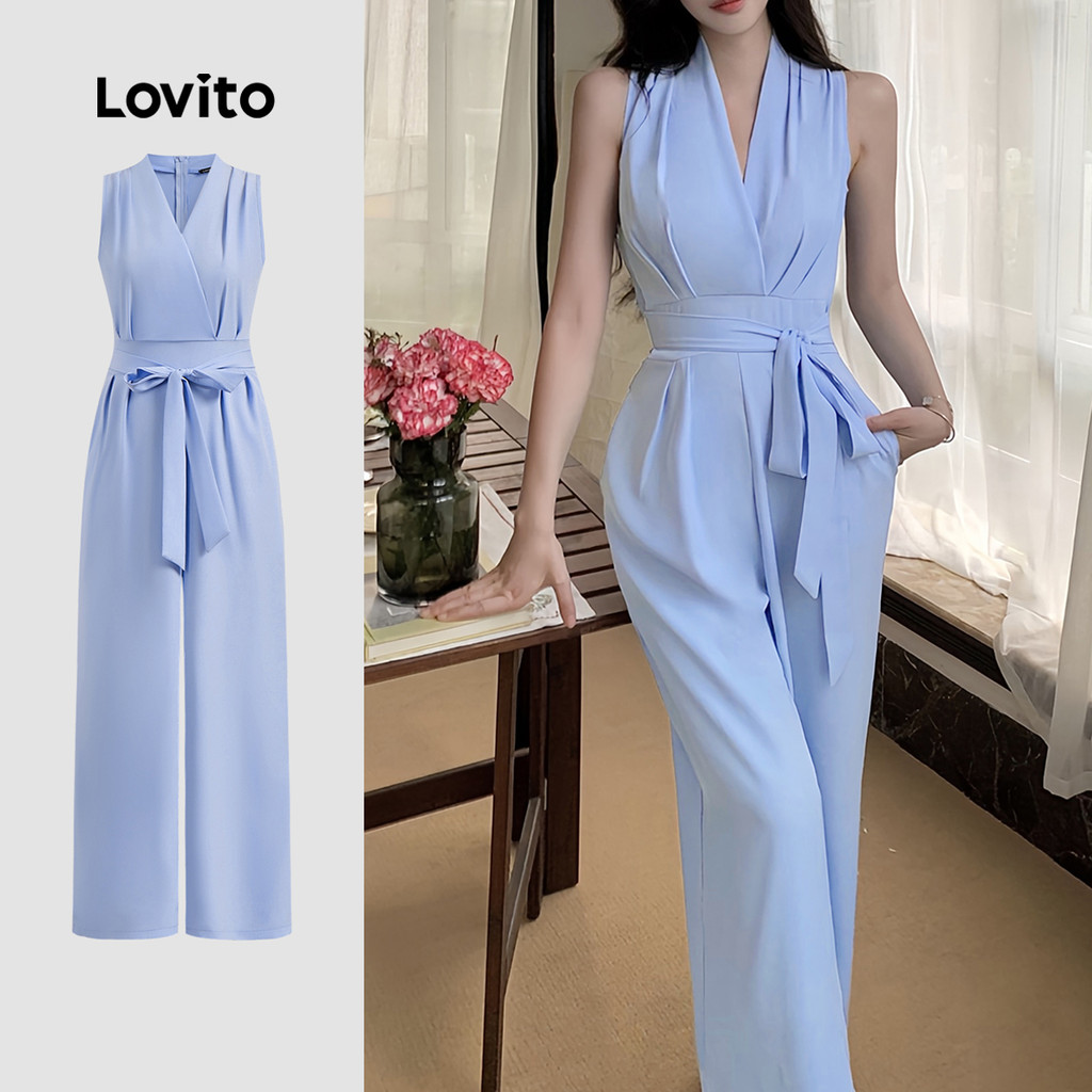 Lovito Macacão elegante com gravata frontal lisa para mulheres L129ED505 - Women Clothes