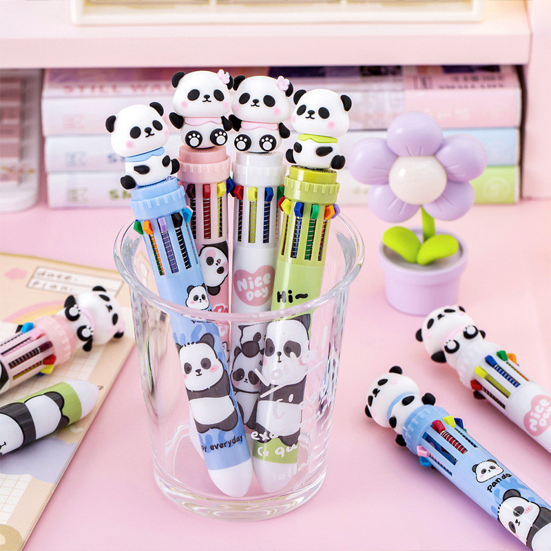 Kit 3/6/12 caneta 10 em 1 papelaria divertida 10 cores caneta Panda fofo esferográfica multicolorida papelaria