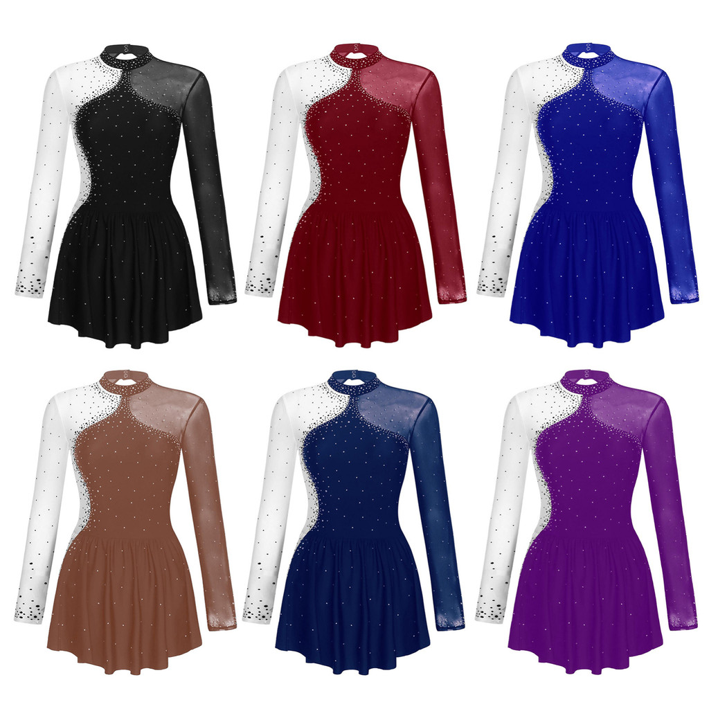 Aislor Vestido Feminino Brilhante De Strass Para Patinação Artística , Cor Contrastante , Malha Transparente , Patchwork
