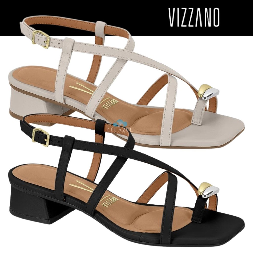 Sandália Feminina Vizzano Salto baixo Tiras Cruzadas Detalhe Dourado Conforto