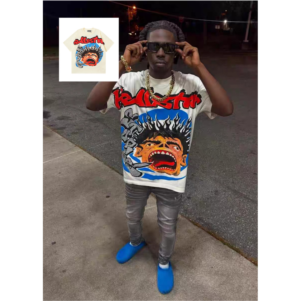 Hellstar American Street Wear Retrato De Rua Estampa Manga Curta Hiphop RAP Camiseta Masculina Feminina