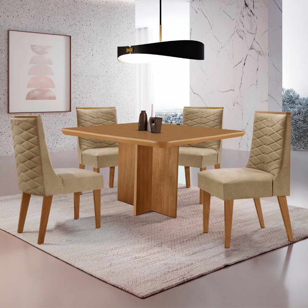 Mesa de Jantar Olímpia 90cm MDF Canto copo e com 4 Cadeiras Safira