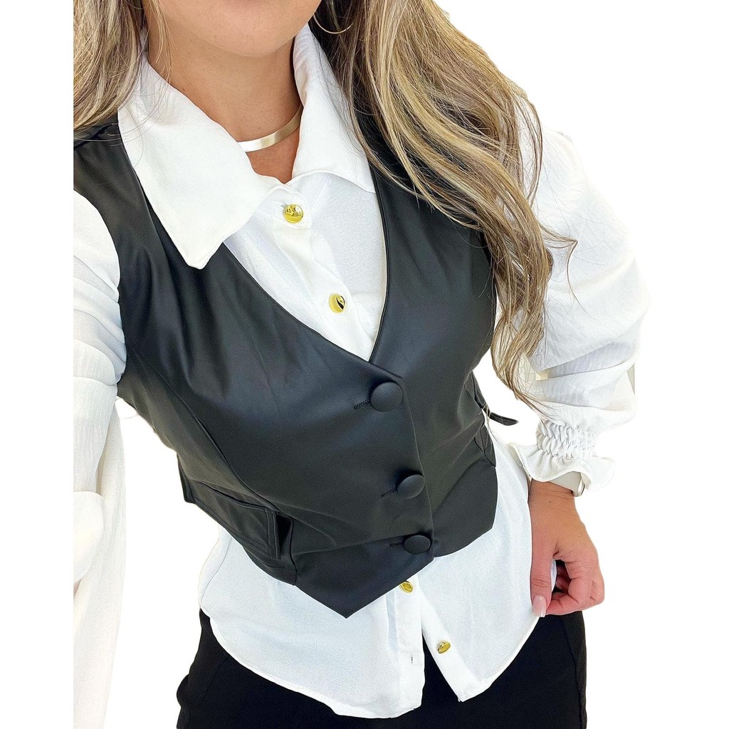 Colete Curto Feminino Botões Couro Ecológico Social Premium