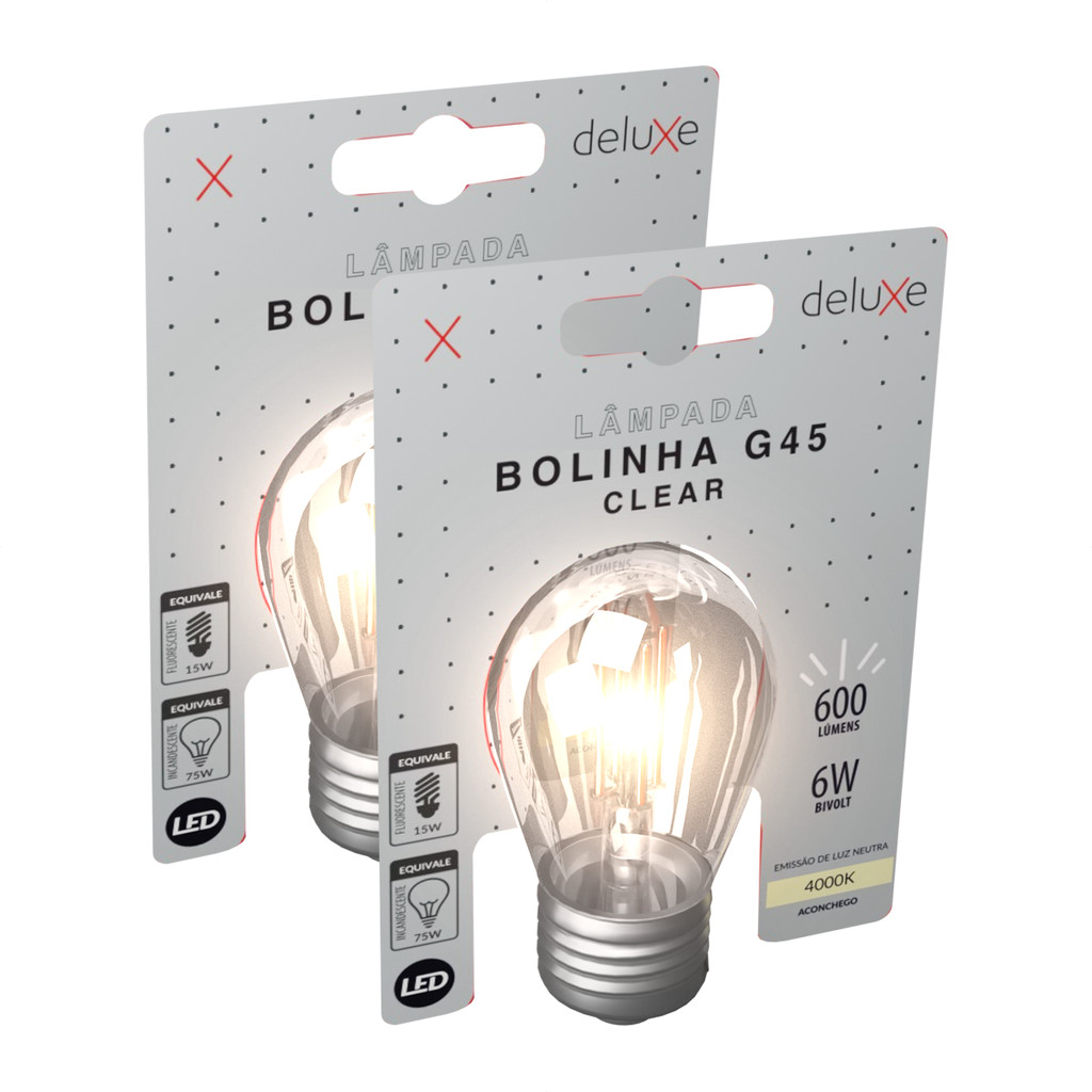 Kit 2 Lampada Led Bolinha G45 Clear 6w 4000K E27 Deluxe em Oferta na Shopee