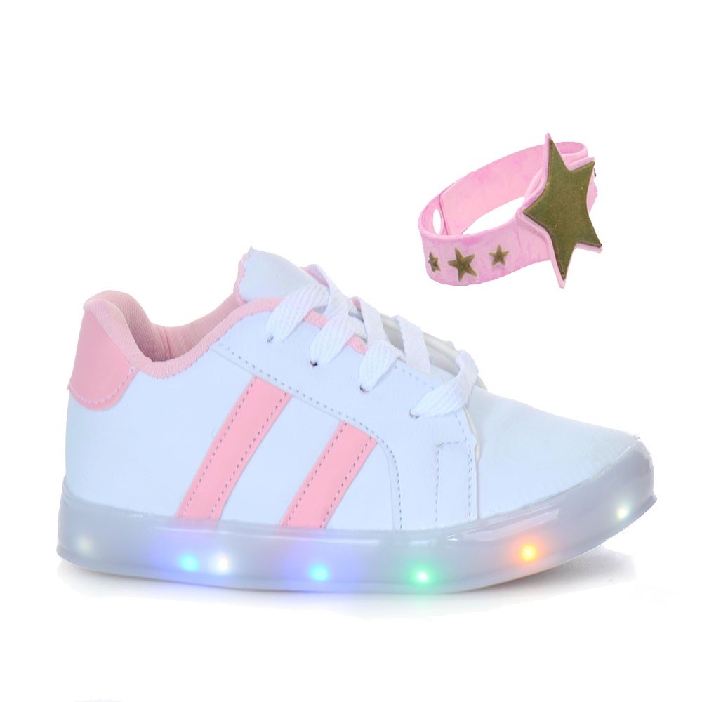 Tenis Infantil Menina Luzinha Led Listrado Pulseira Rosa de Estrela