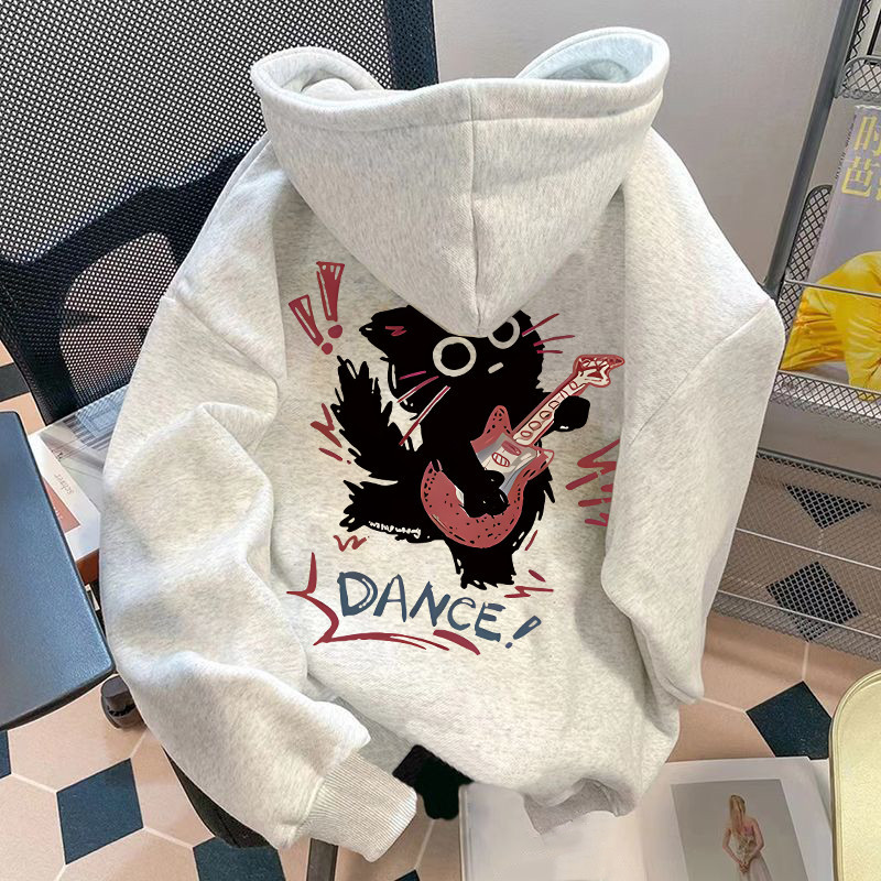 Americano High Street Estilo Hip-hop Guitarra Gato Impressão Moletom Com Capuz Masculino/Feminino Inverno Nova Jaqueta S
