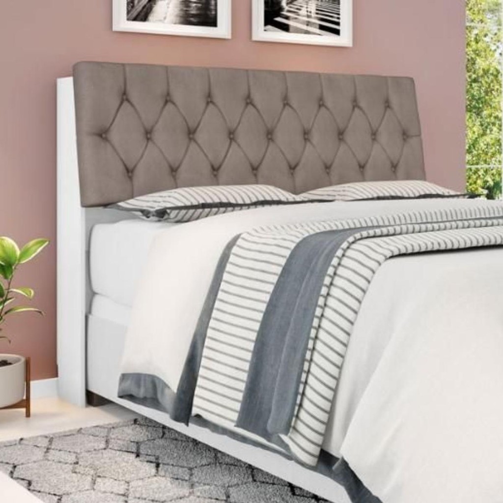Cabeceira Box Queen Isis Branco com Capitonê Bege Escuro - Home & Living