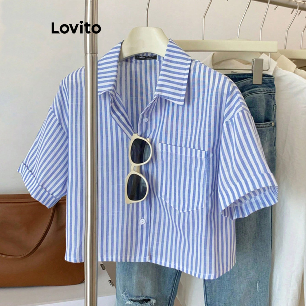 (Trendy) Lovito Blusa casual listrada com botões na frente para mulheres L106AD313 em Oferta na Shopee