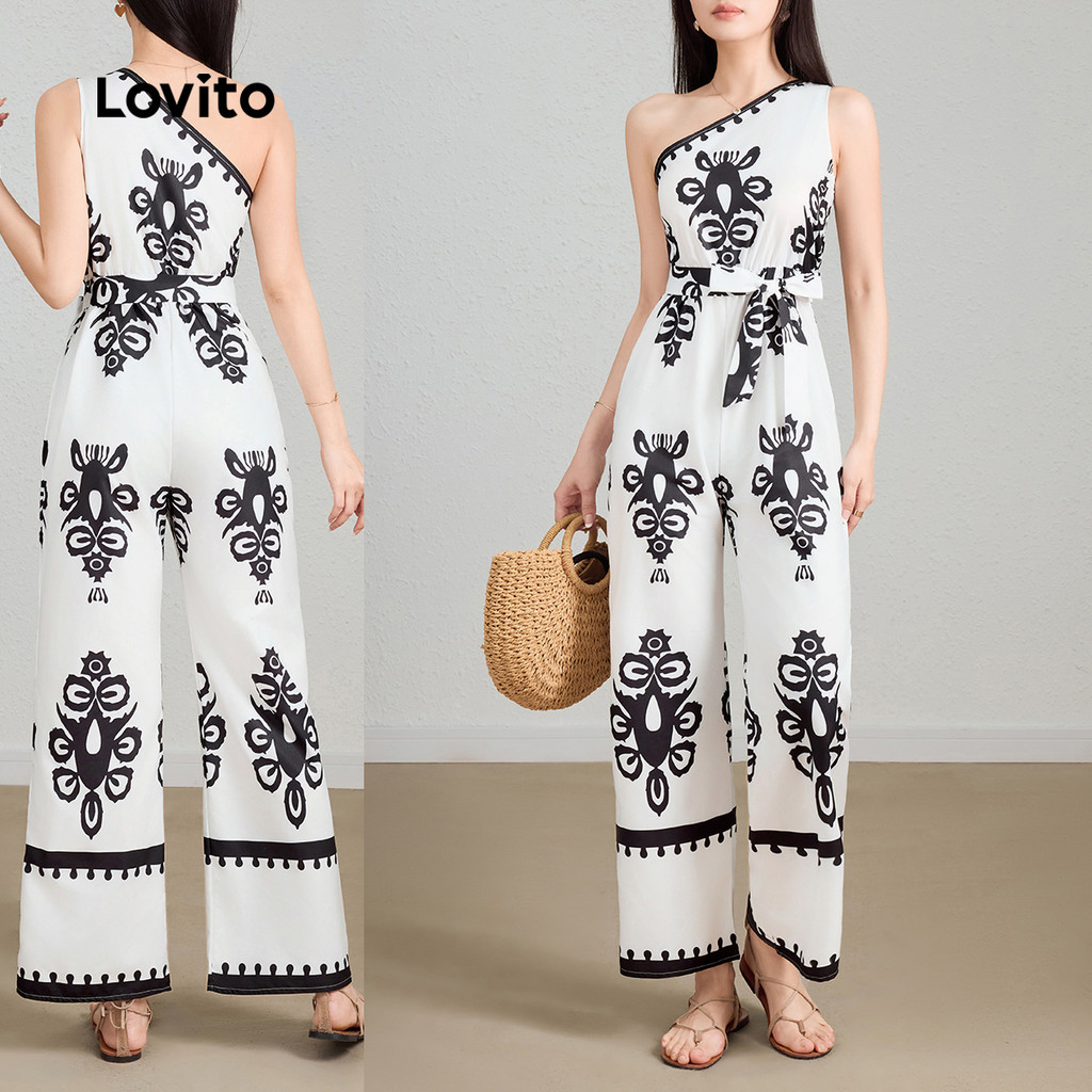 Lovito Macacão Boho Tribal Print Ombro Frio Assimétrico Padrão para Mulheres L L124AD1331 - Women Clothes