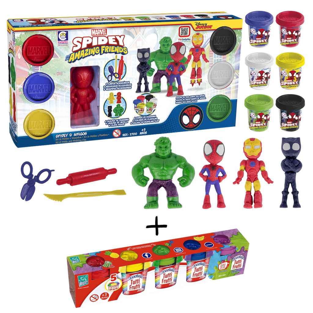 Kit Massinha Homem Aranha e Amigos Disney Moldes Marvel Original + 5 Potinhos de Massinha