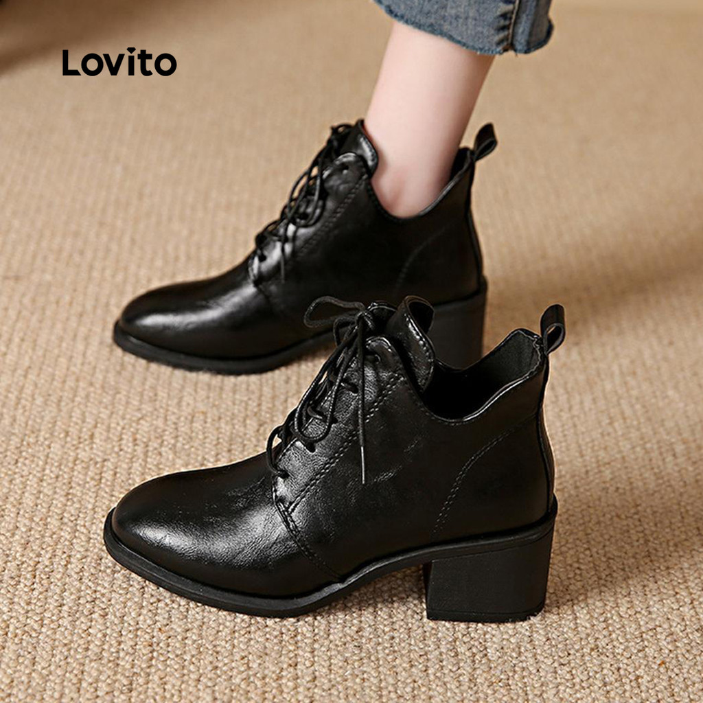 Lovito Bota Casual lisa com cadarço estilo britânico retrô com salto bloco pontiagudo para mulheres LFA75041 - Women Shoes