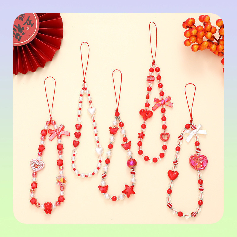 Cordão de telefone com laço de coração vermelho, pulseira de telefone, alça de charme para celular, charme de telefone f