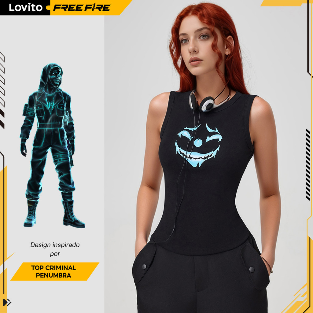 Lovito x Free Fire TOP CRIMINAL PENUMBRA Regata feminina com estampa top criminal LFFB1011 em Oferta na Shopee