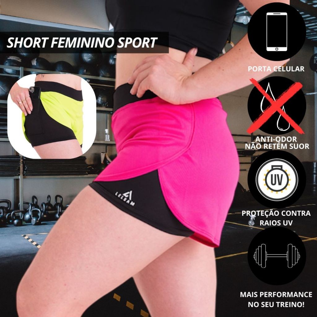 Short Feminino 2 em1 Dryfit Academia Bermuda Dupla Caminhada Corrida Treino  com BOLSO ANT...